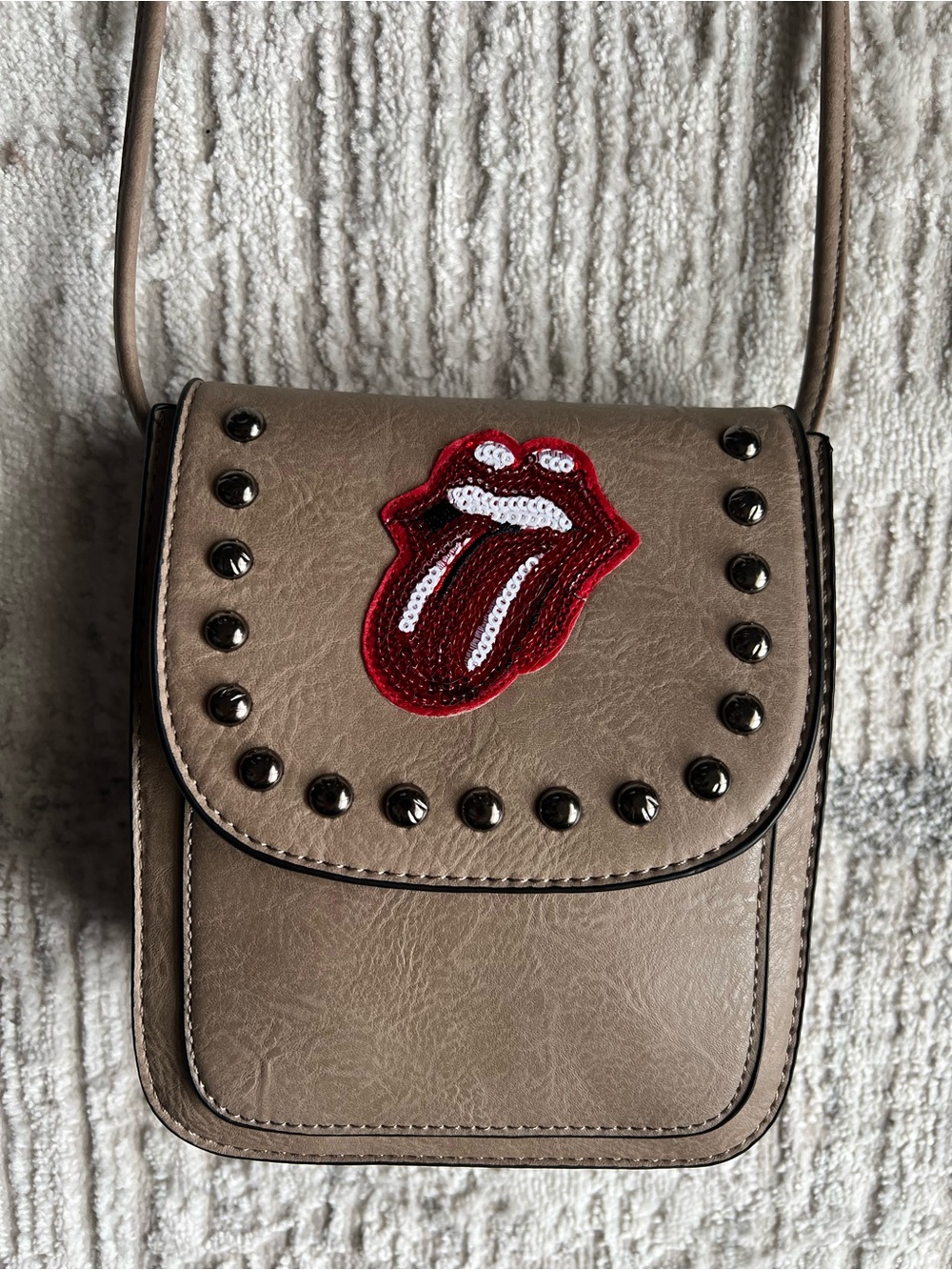 Rolling Stones One Of A Kind Custom Made Crossbody Bag with Red Sequin Tongue.